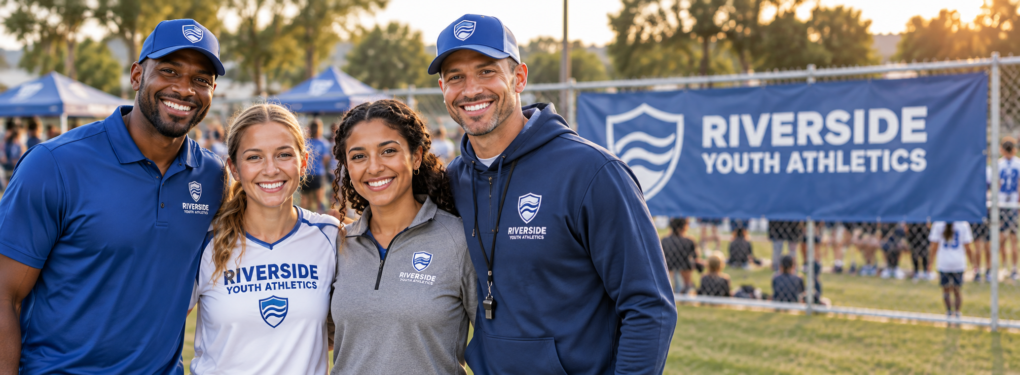 Youth athletics staff and coaches in matching branded apparel at an outdoor field