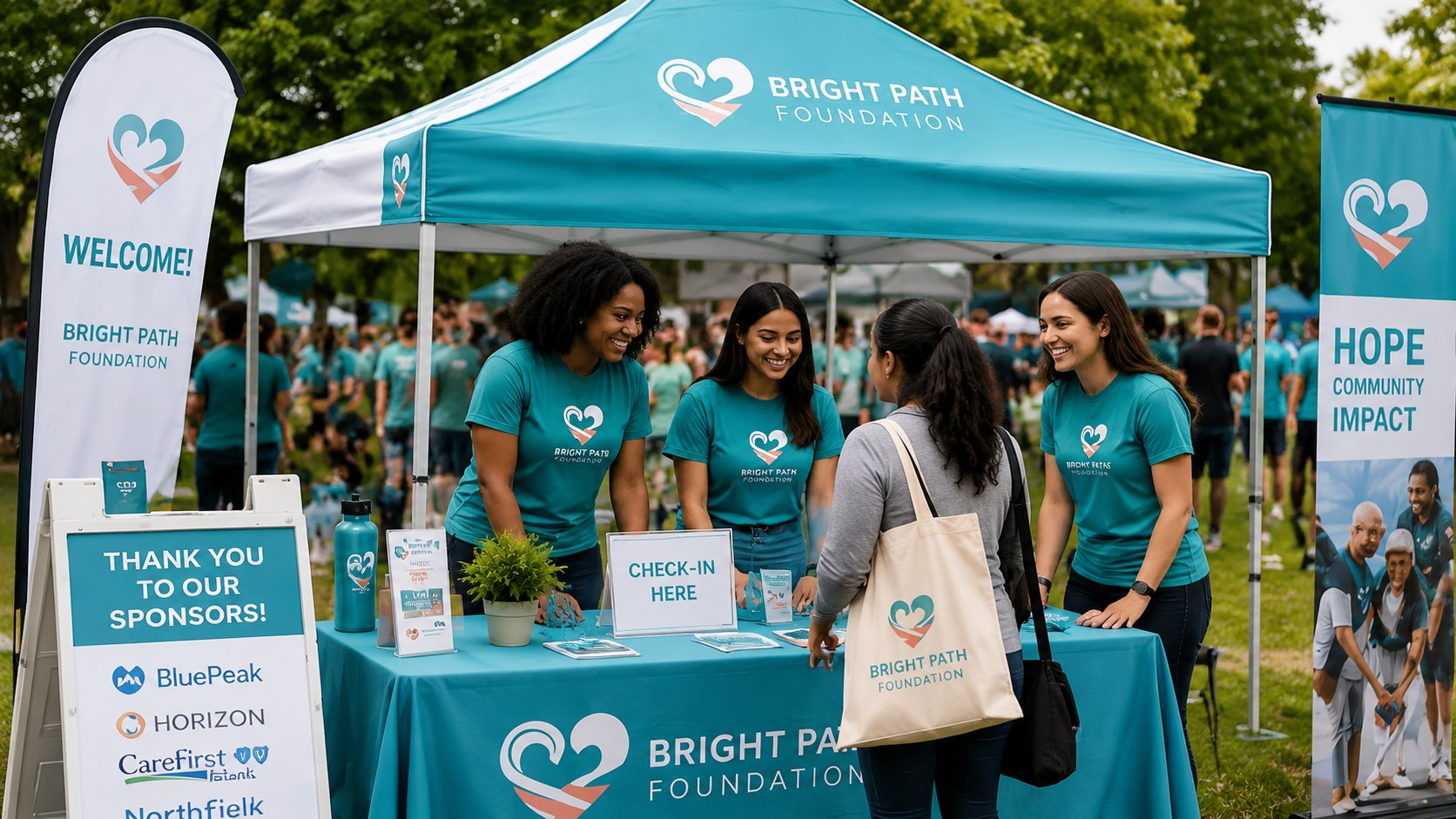 Charity event check-in with branded canopy tent, shirts and sponsor signage