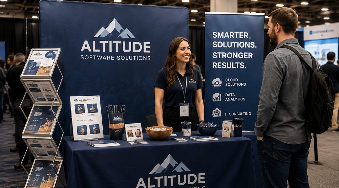 Branded trade show booth with retractable banners, table cover and literature