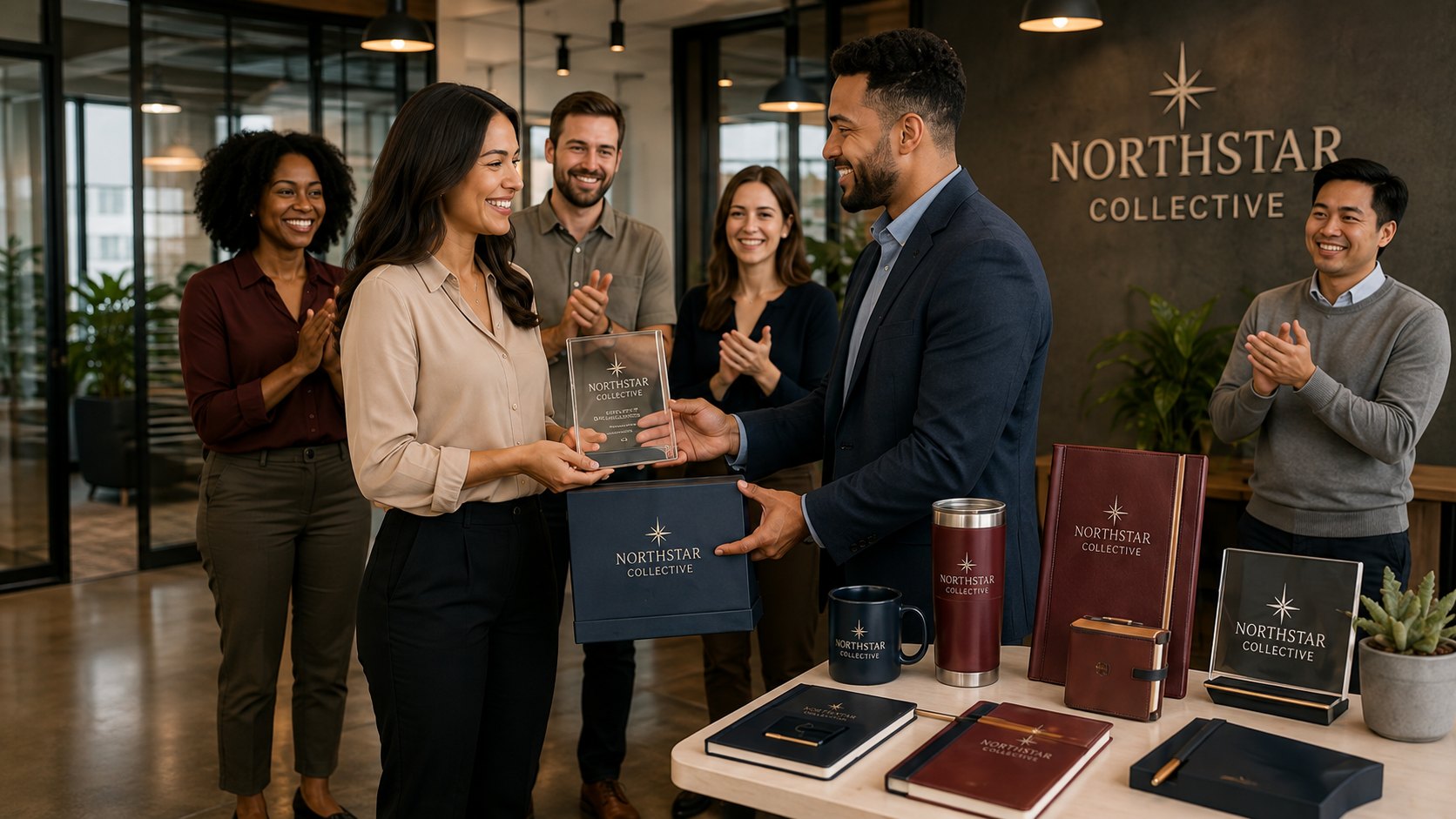 Office team celebrating with branded awards, drinkware and gift sets