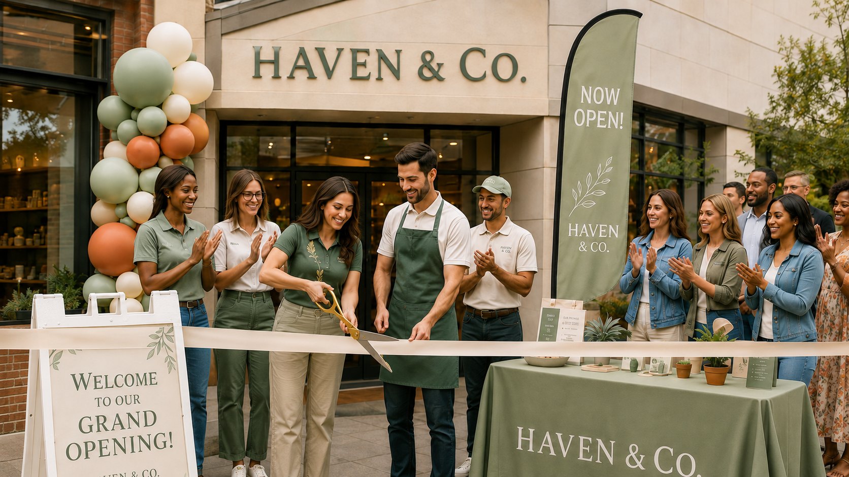 Grand opening ribbon cutting with branded flags, aprons and signage