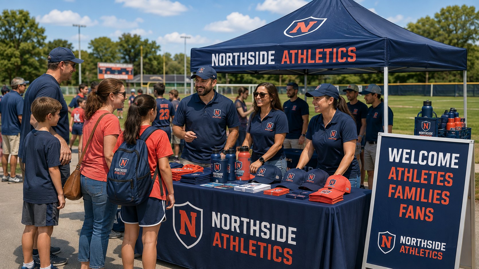 Youth athletics tent with branded apparel, hats and drinkware