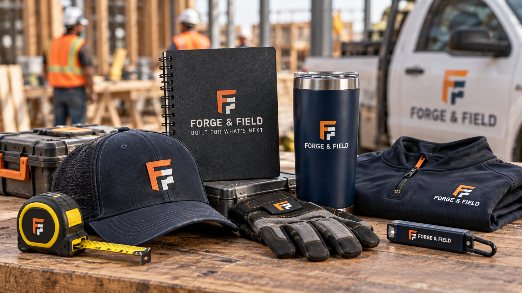 Branded workwear, hat, tumbler, notebook and gloves for a construction company