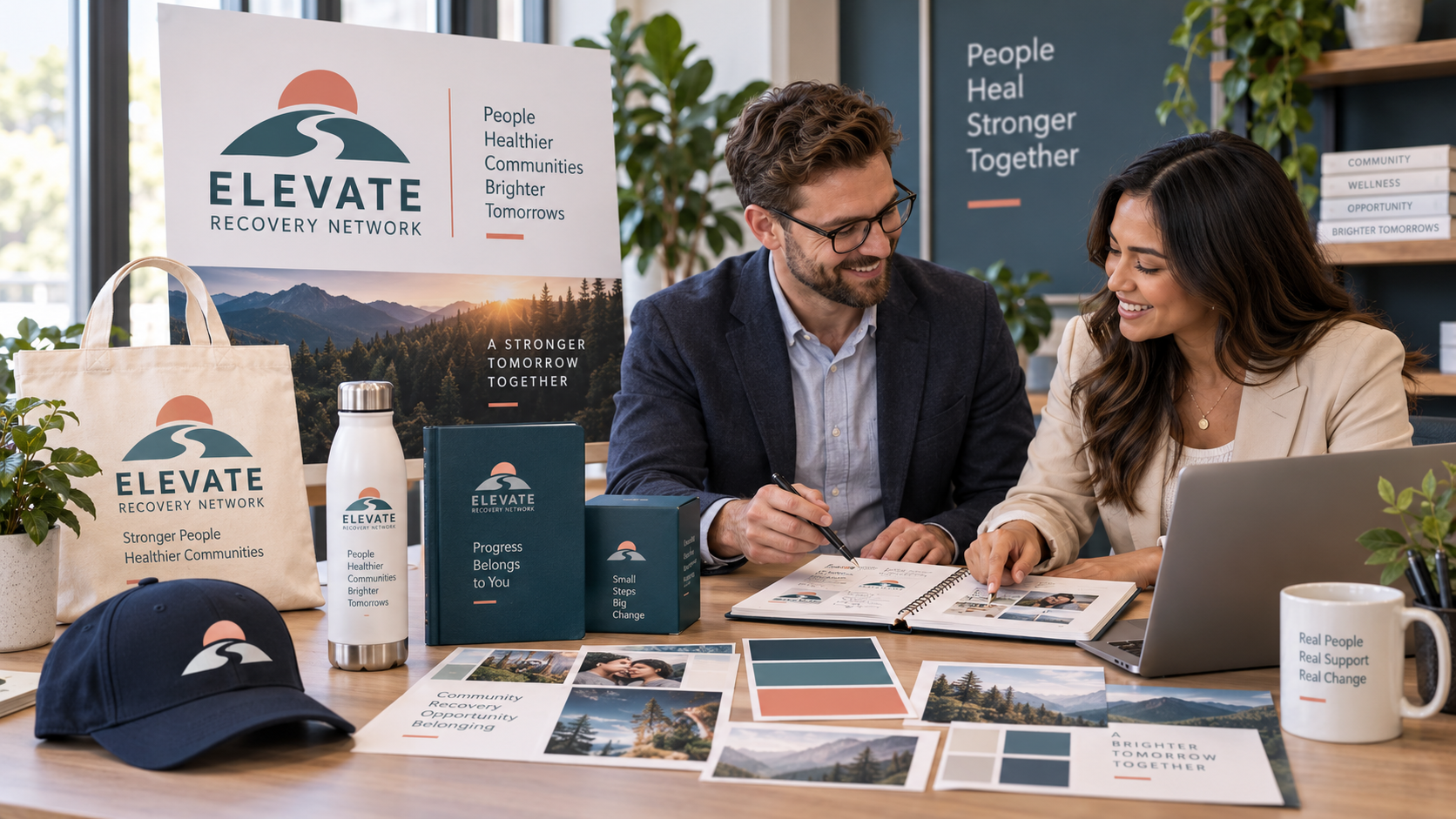 Two people reviewing branded product samples and design boards in a planning session